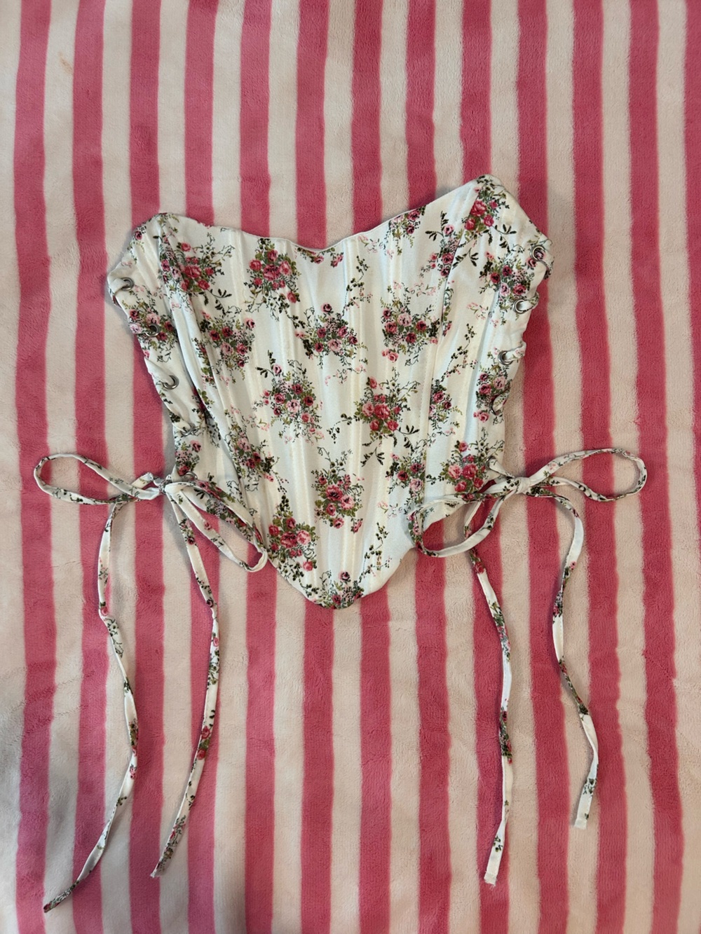 Floral Lace-Up White strapless Corset Top with Pink Roses